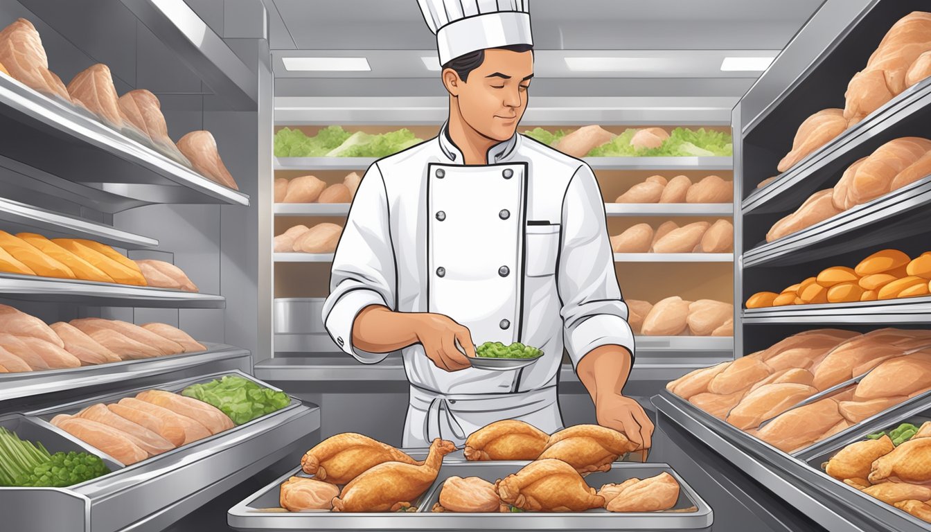 A chef carefully selects and seasons premium chicken breasts in a well-stocked grocery store