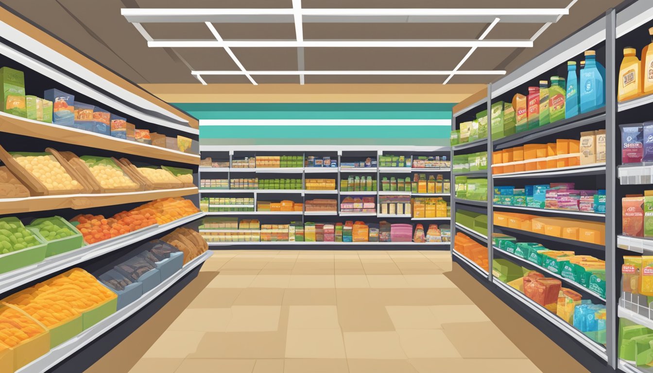 A bright, welcoming grocery store aisle filled with shelves stocked with colorful packaging of gluten-free products. A sign above reads "Gluten-Free Haven."