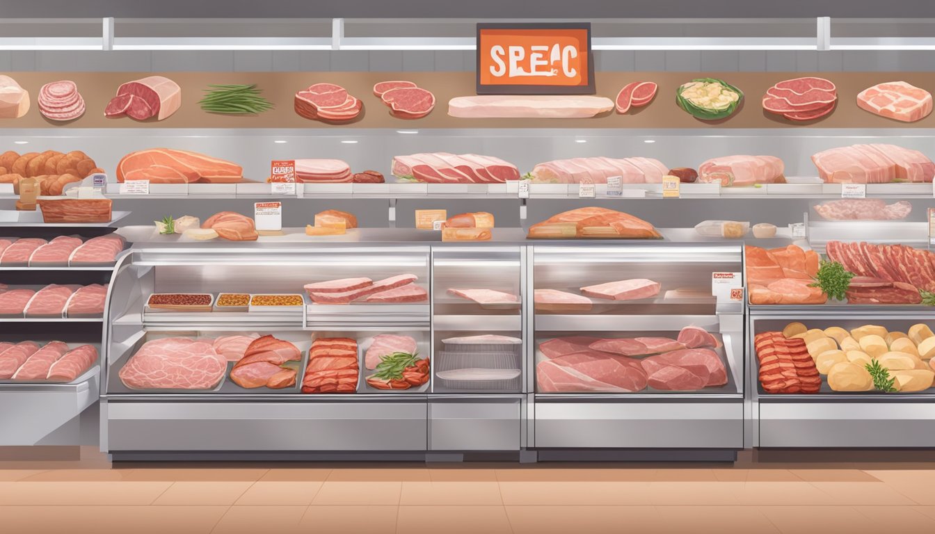 A display of assorted sliced cold cuts at a Costco meat section, surrounded by various meat products and signage advertising the store as a paradise for carnivore diet shoppers