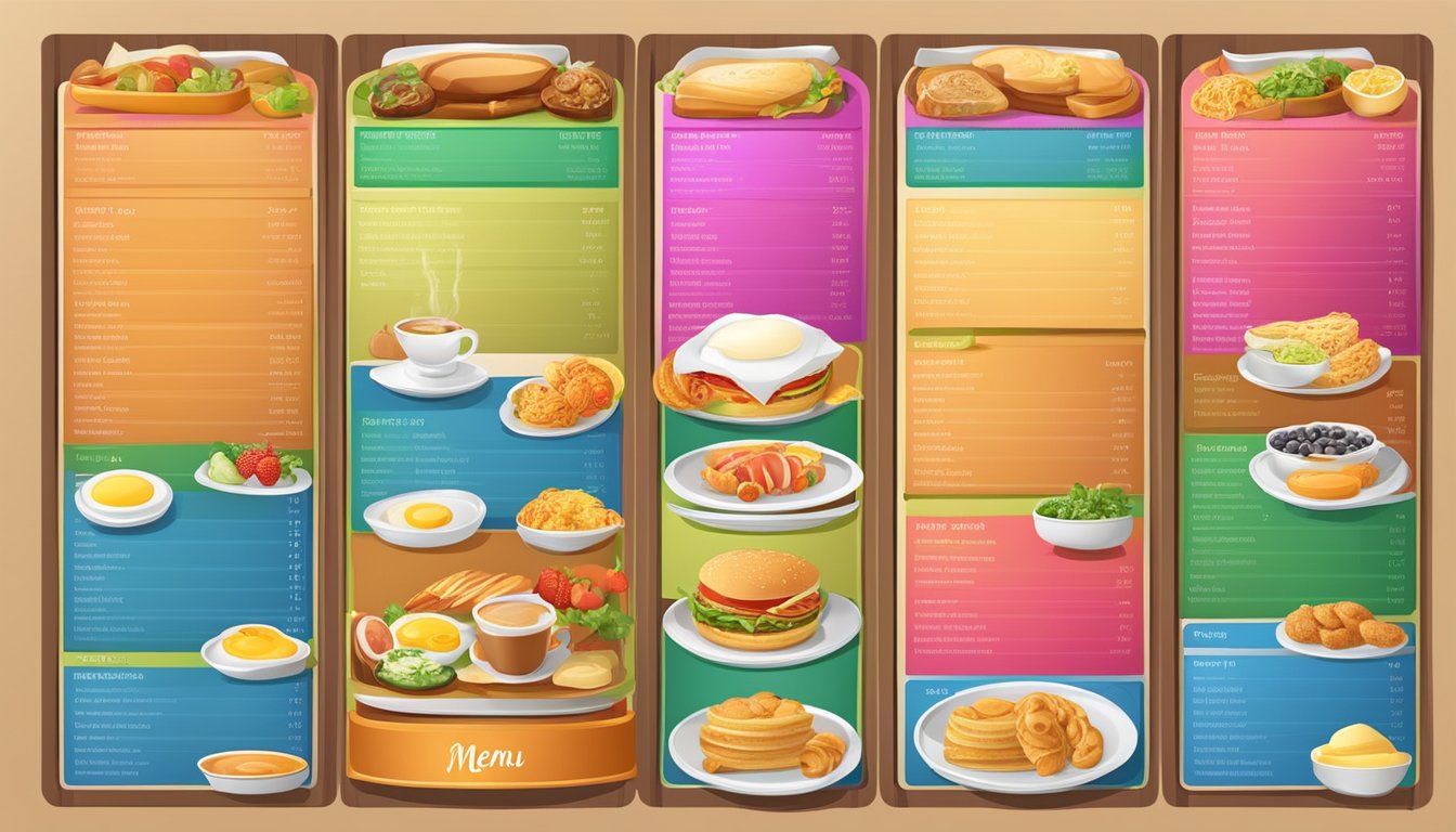 A colorful menu board with various breakfast platters and prices displayed