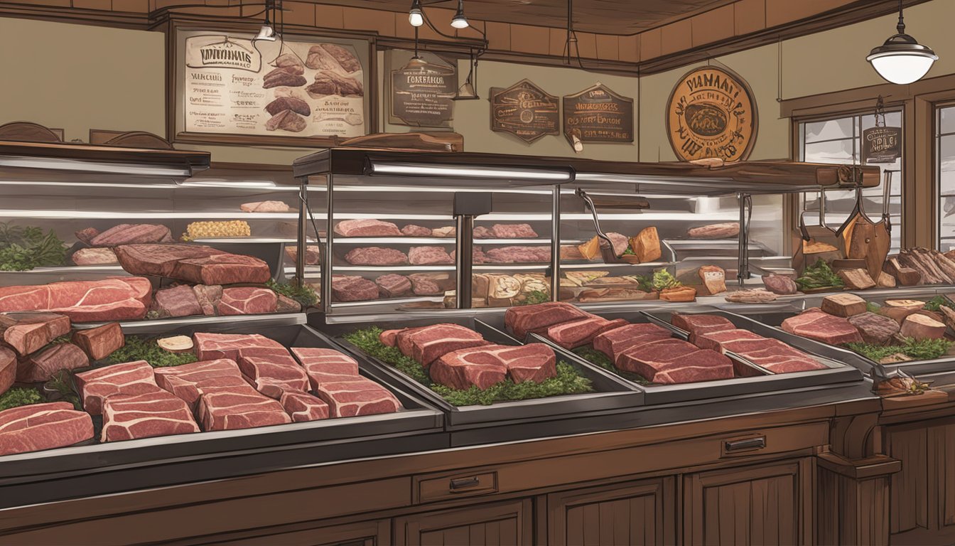 A display of dry-aged porterhouse steaks at Wegmans, surrounded by various cuts of meat and a backdrop of butcher's tools and signage