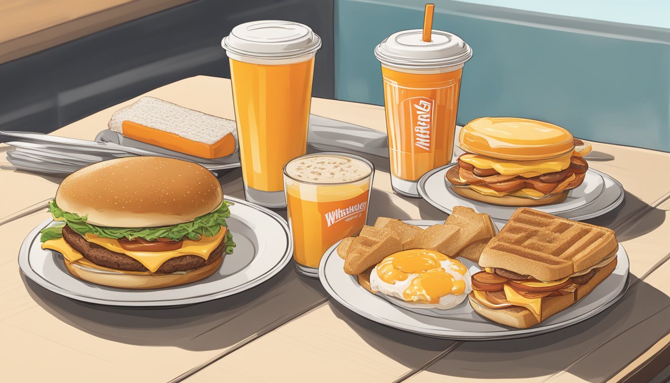 A table with various breakfast items from Whataburger, including coffee, orange juice, and breakfast sandwiches, displayed with their corresponding prices