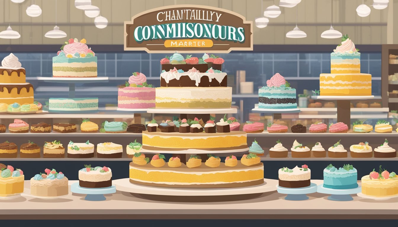 A display of beautifully decorated Chantilly cakes at Whole Foods Market, surrounded by other delectable desserts, with a sign indicating the cake connoisseurs' guide