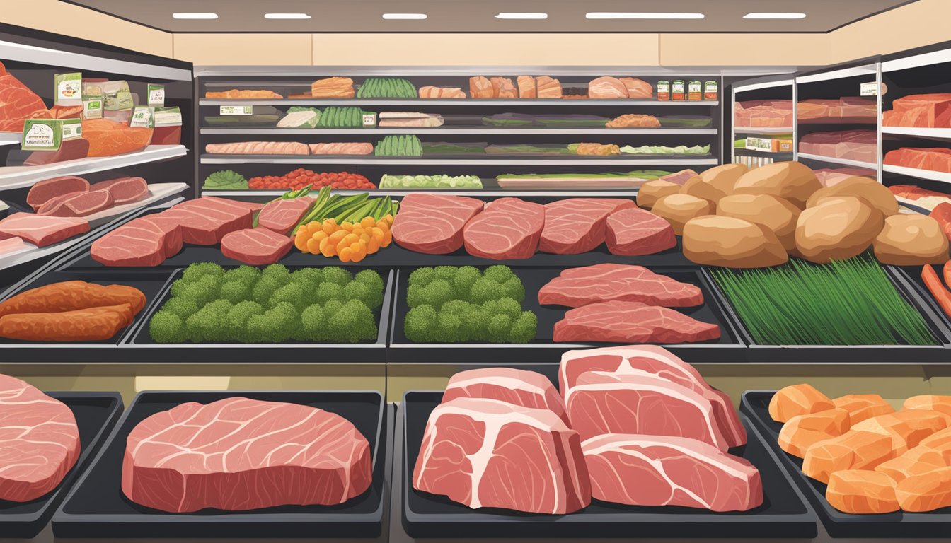 A display of Omaha Steaks Grass-Fed Filets at Safeway, surrounded by other meat products, showcasing the top grocery stores for carnivore diet shoppers