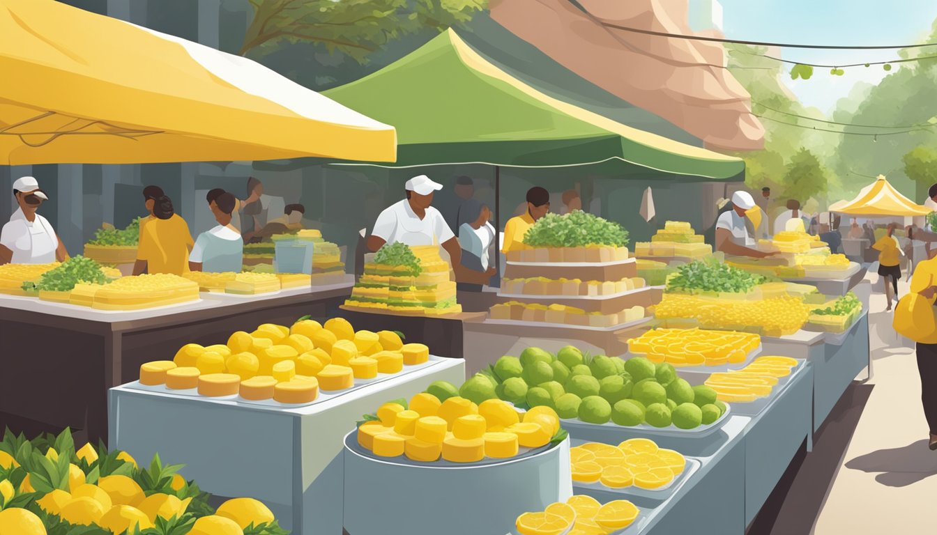 A display of vibrant yellow lemon layer cakes surrounded by fresh citrus fruits and greenery at a bustling market