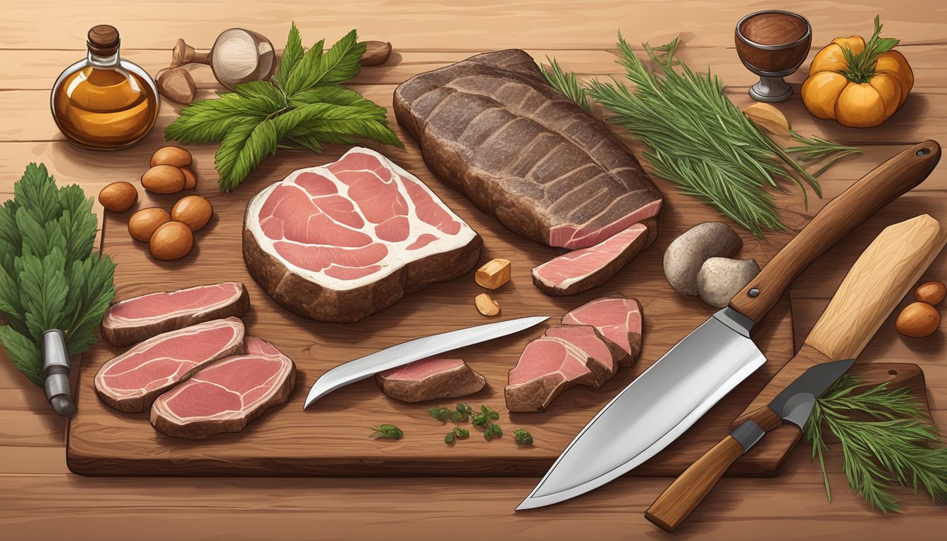 A variety of wild game meats displayed on a wooden cutting board, surrounded by rustic butcher tools and greenery