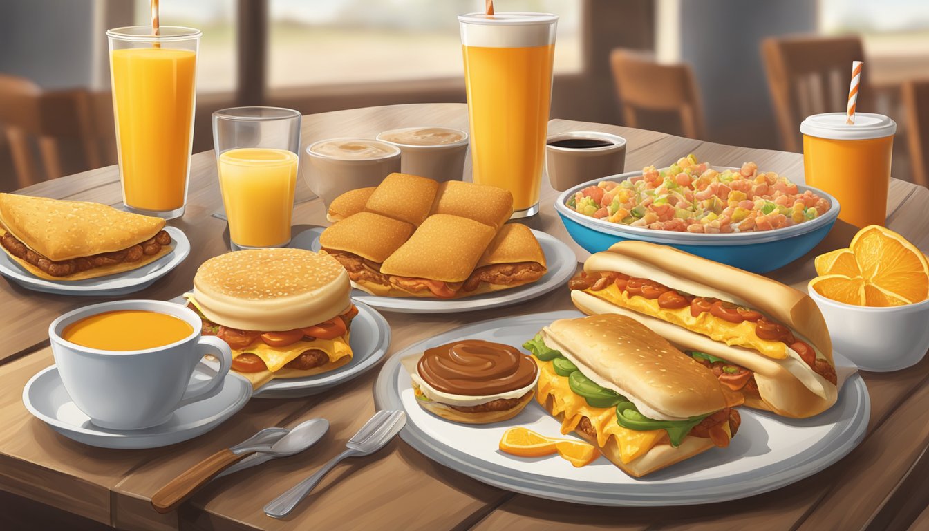 A table set with a variety of Whataburger breakfast items, including taquitos, biscuits, and breakfast sandwiches, alongside coffee and orange juice