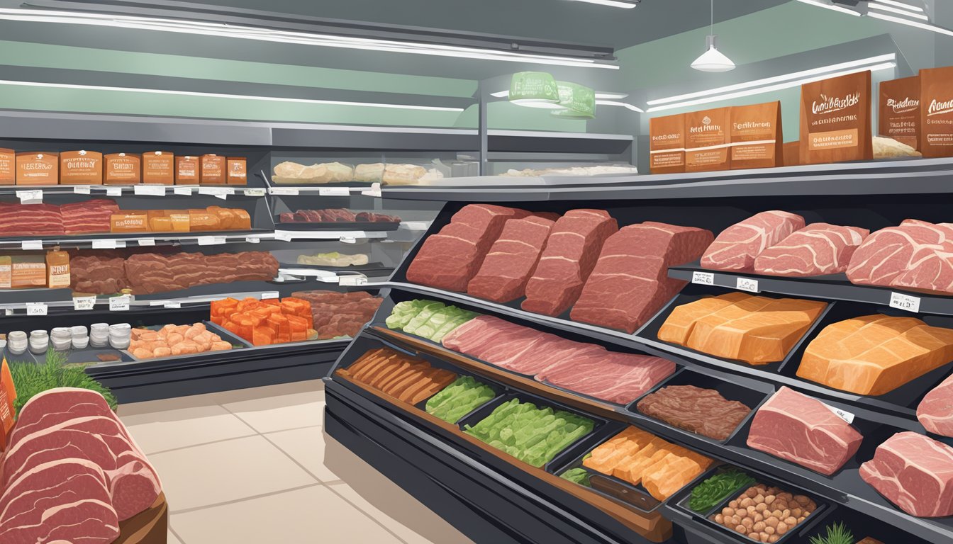 A display of Snake River Farms American Wagyu beef at a top grocery store, surrounded by other high-quality meat products for carnivore diet shoppers