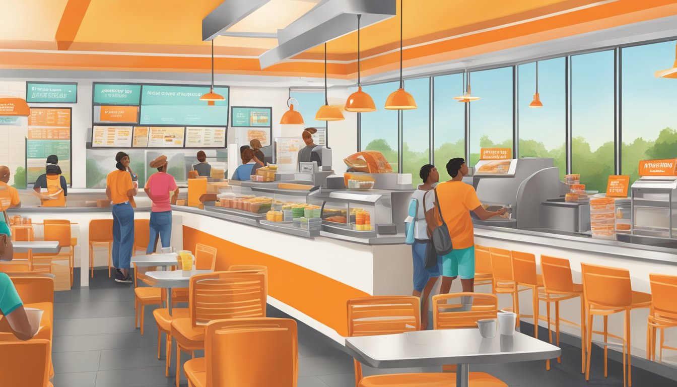 A sunny morning at Whataburger, with a colorful breakfast menu displayed on the counter and prices listed below each item. Customers wait in line, eager for their morning meal