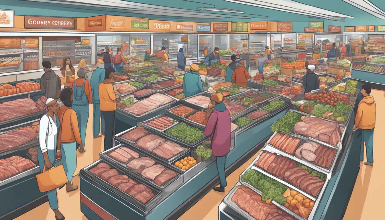 A bustling grocery store with rows of premium meat cuts on display, surrounded by eager carnivore diet shoppers