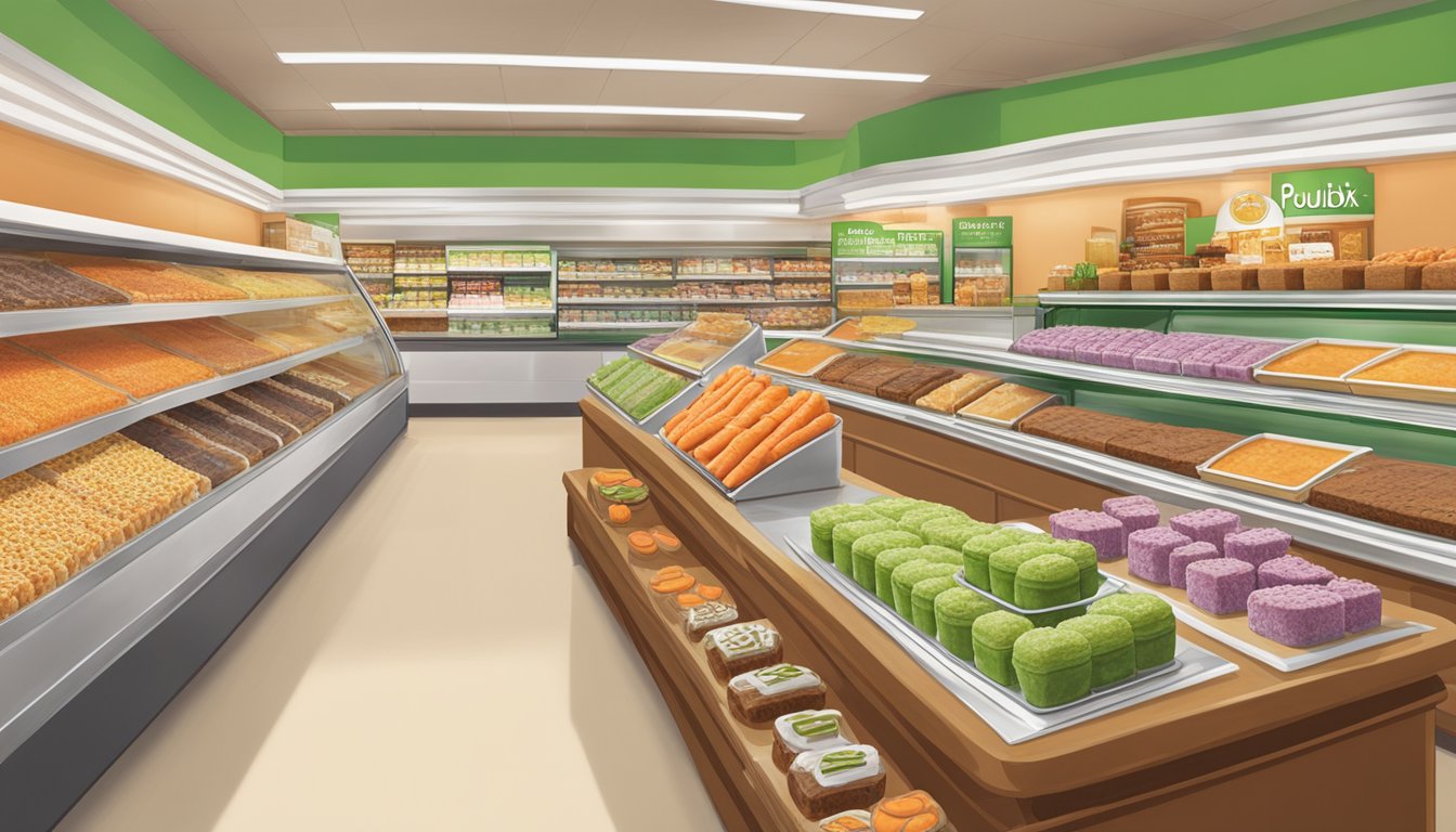 A display of Publix Bakery Carrot Bar Cakes, surrounded by other delectable desserts, in a well-lit grocery store setting