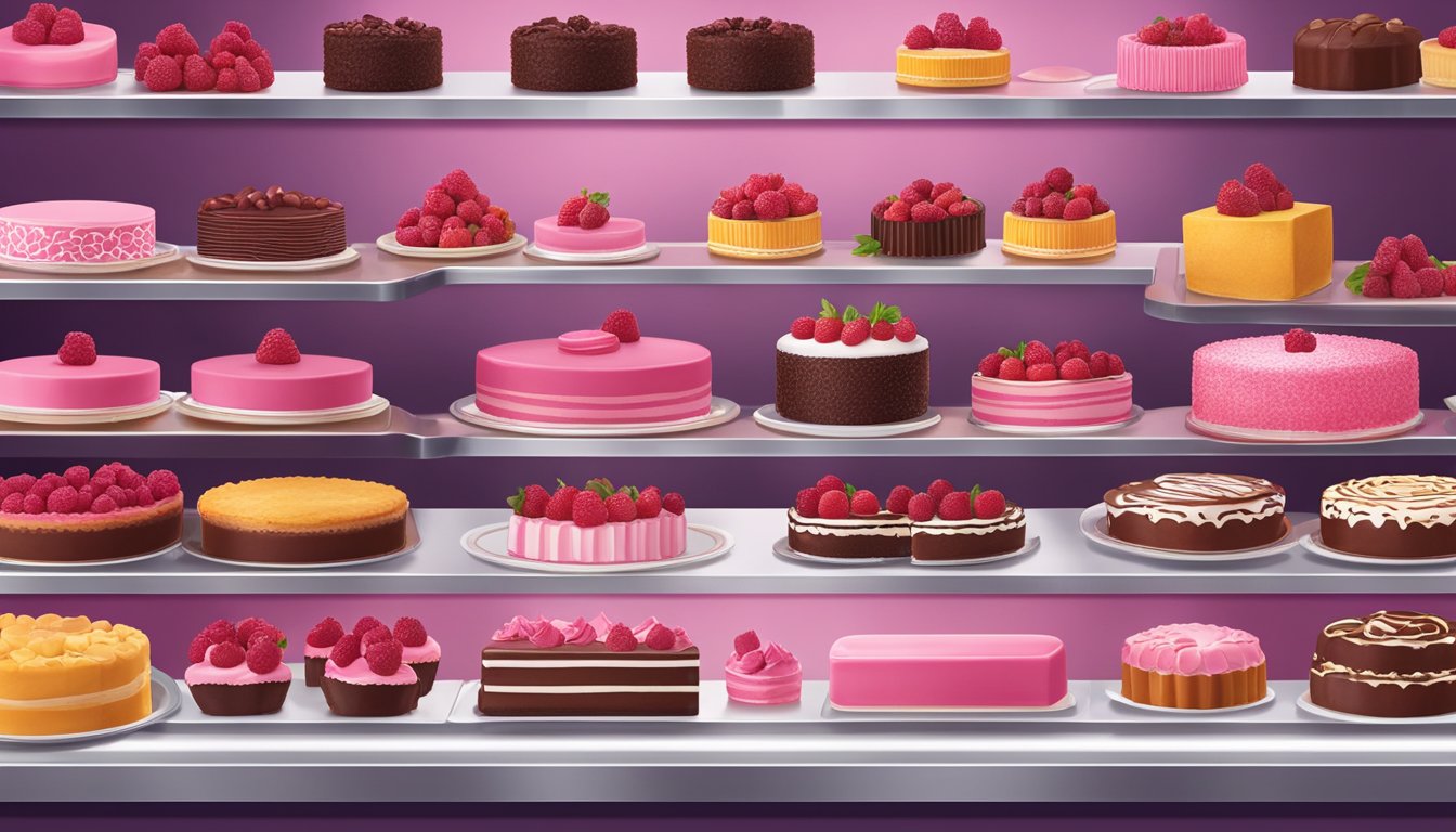 A display of Kroger's Decadent Raspberry Elegance Cakes, surrounded by other delectable desserts, at the grocery store