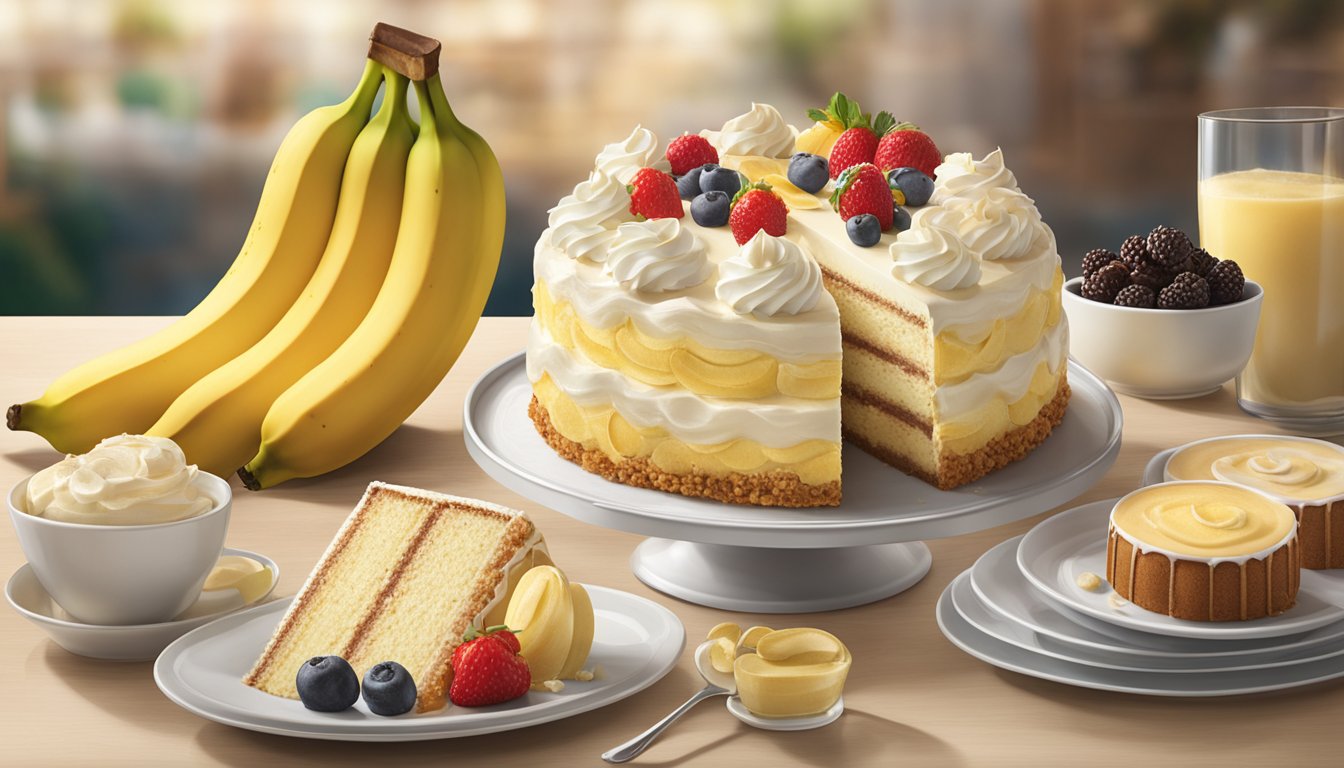 A display of Safeway's Signature Banana Cream Cake surrounded by other delectable desserts, with soft lighting enhancing the rich colors and textures