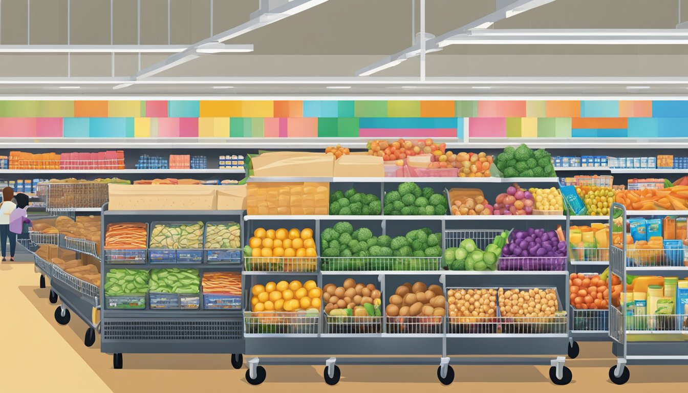 A crowded Walmart store with overflowing shopping carts and shelves stocked with bulk grocery items