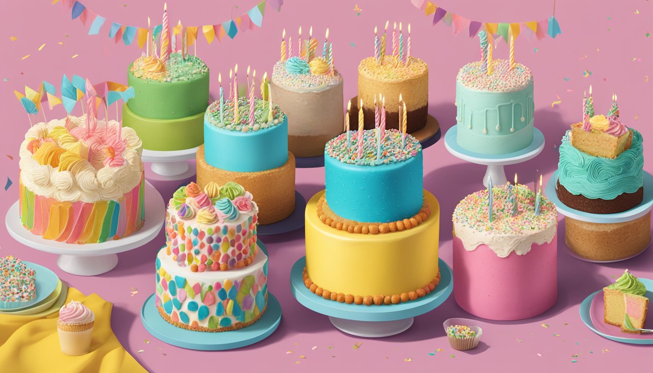 A festive display of birthday cakes at Trader Joe's, with colorful frosting and sprinkles, showcasing the store's sweet celebrations ranking