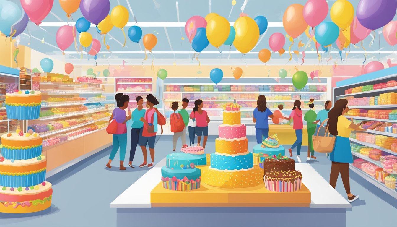 A bustling Walmart Supercenter with colorful birthday cakes on display, surrounded by happy customers browsing the sweet celebrations section