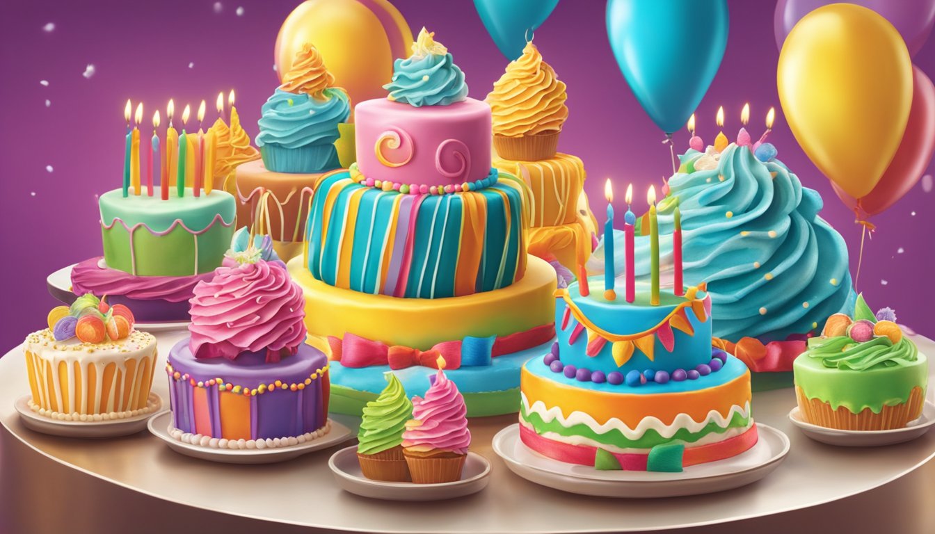 A colorful display of birthday cakes at Safeway, with vibrant frosting and festive decorations, arranged in a celebratory manner