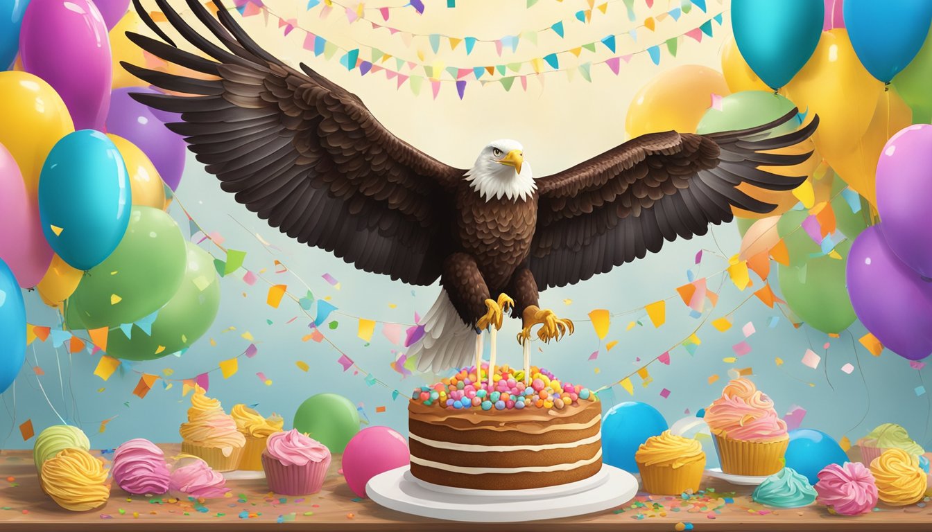 A towering Giant Eagle cake display, surrounded by colorful balloons and confetti, with a banner proclaiming "Sweet Celebrations: Best Birthday Cakes."