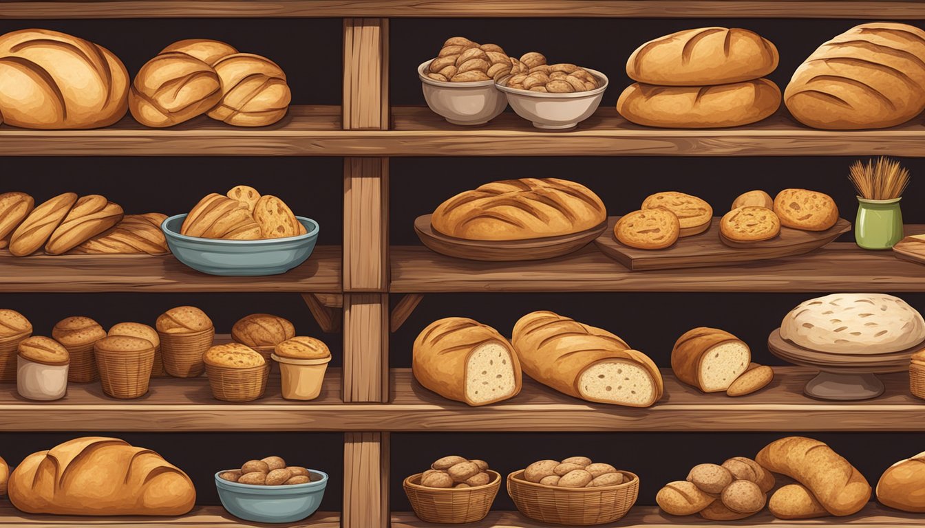 A rustic wooden table adorned with an array of freshly baked artisan bread loaves, displayed in a cozy grocery store setting