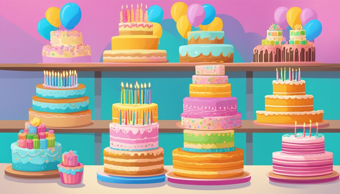 A colorful display of various birthday cakes in a grocery store, with vibrant frosting, sprinkles, and decorative designs