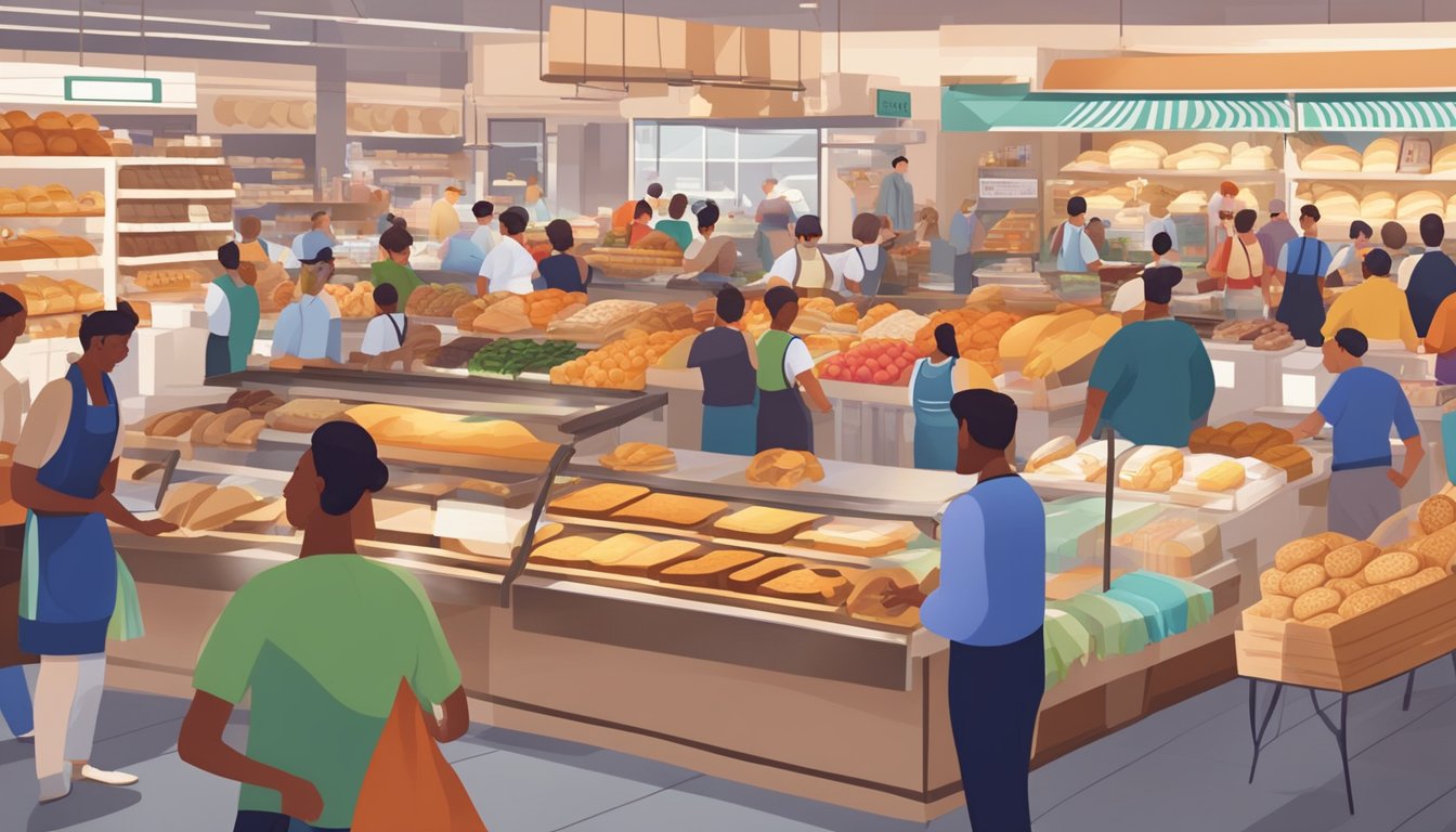 A bustling marketplace with colorful displays of freshly baked artisan bread, surrounded by eager customers and bustling grocery store workers