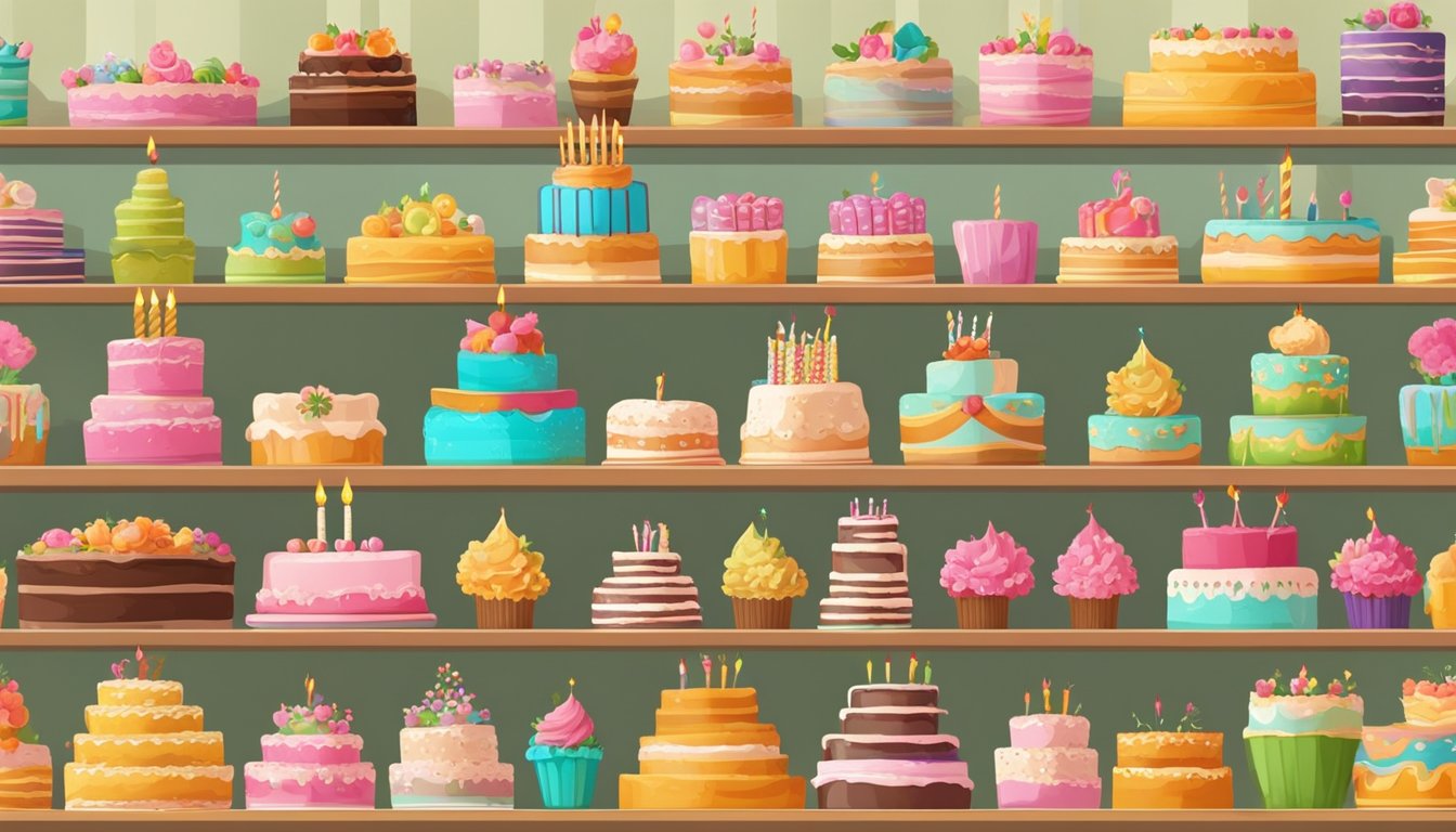 A colorful display of birthday cakes in various designs and flavors, arranged neatly on shelves with price tags and festive decorations