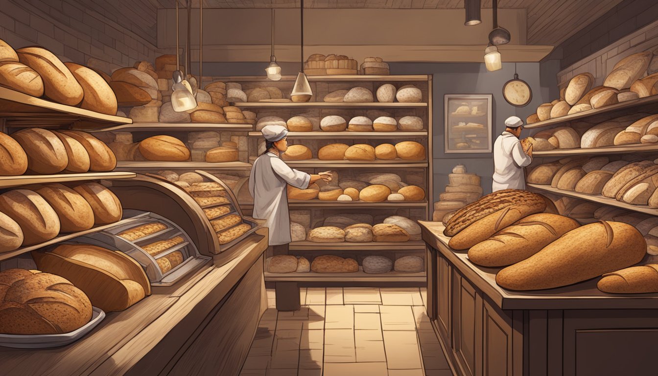 A bustling bakery display of assorted artisan bread loaves at various stages of crusty perfection, surrounded by eager customers and shelves of gourmet groceries