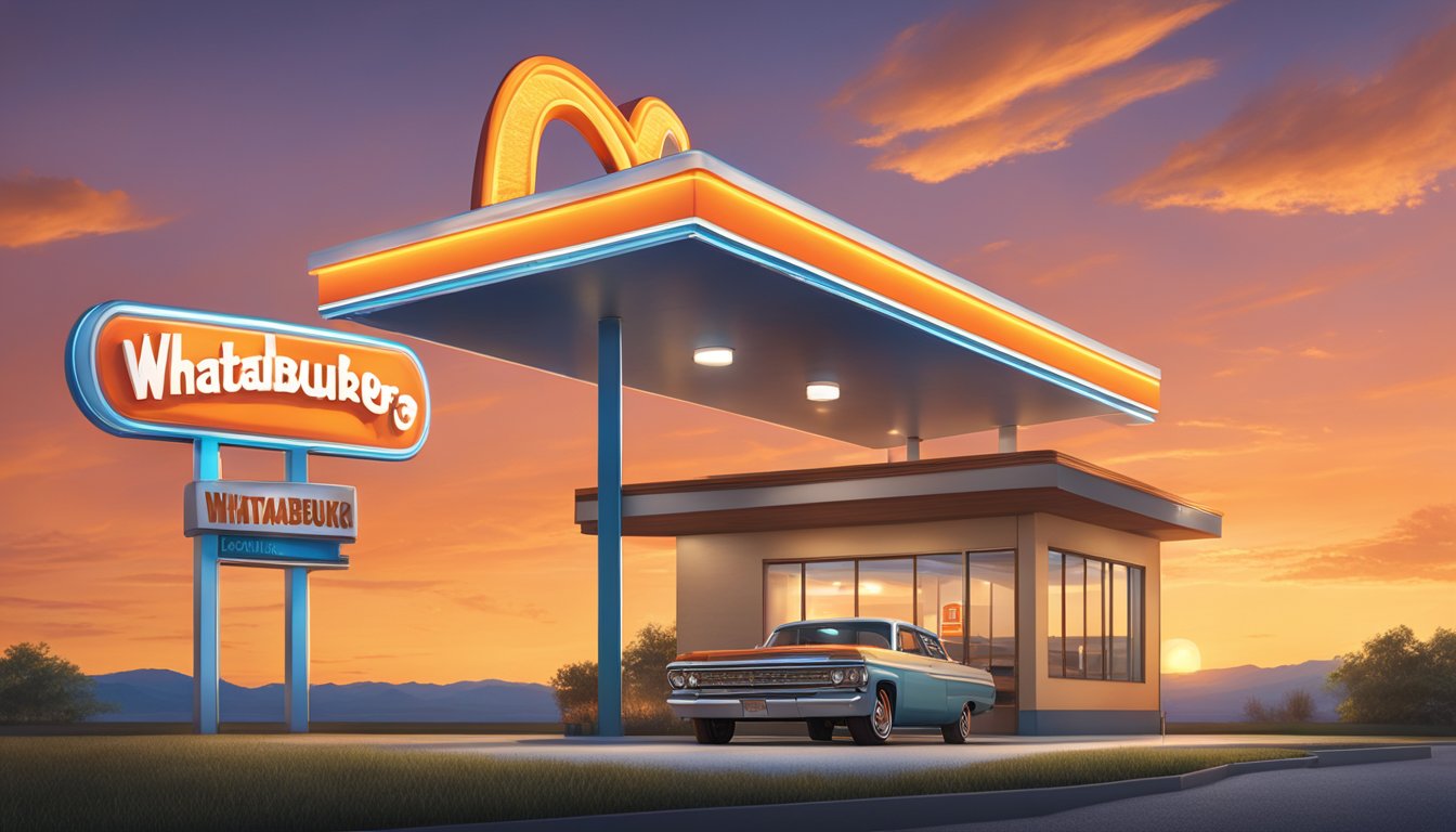 A Whataburger sign stands tall against a sunset sky, with a new burger featured prominently in the foreground