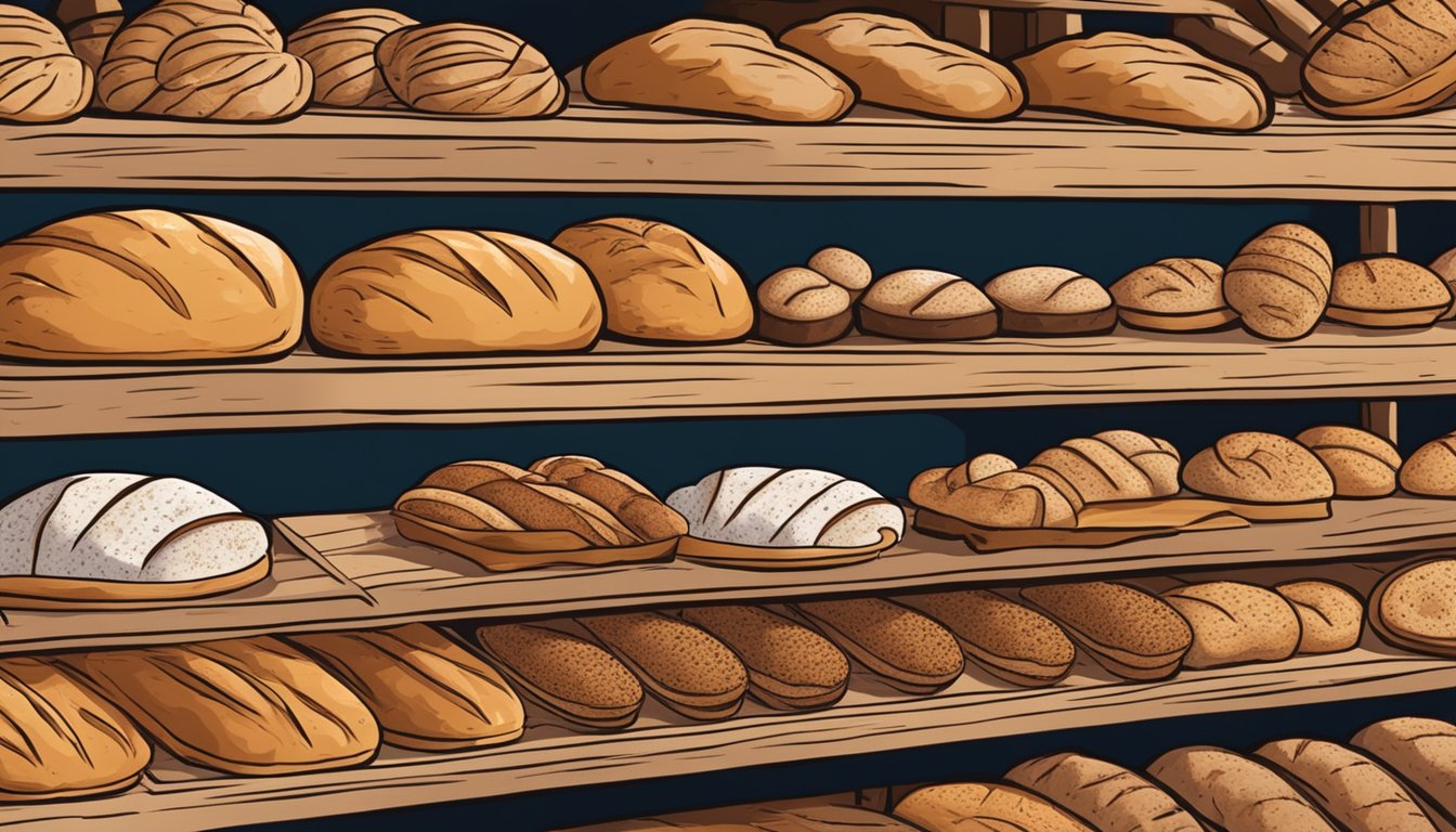 A bustling bakery display showcasing various artisan bread loaves with rustic crusts at a grocery store