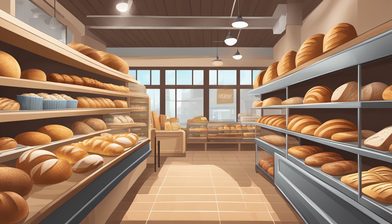 A bustling bakery display with an array of crusty artisan bread loaves, surrounded by shelves of groceries in a well-lit store