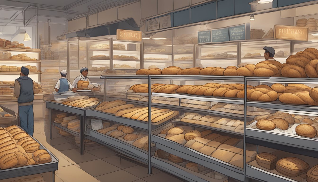 A bustling bakery with stacks of crusty loaves, surrounded by bustling grocery stores showcasing artisan bread