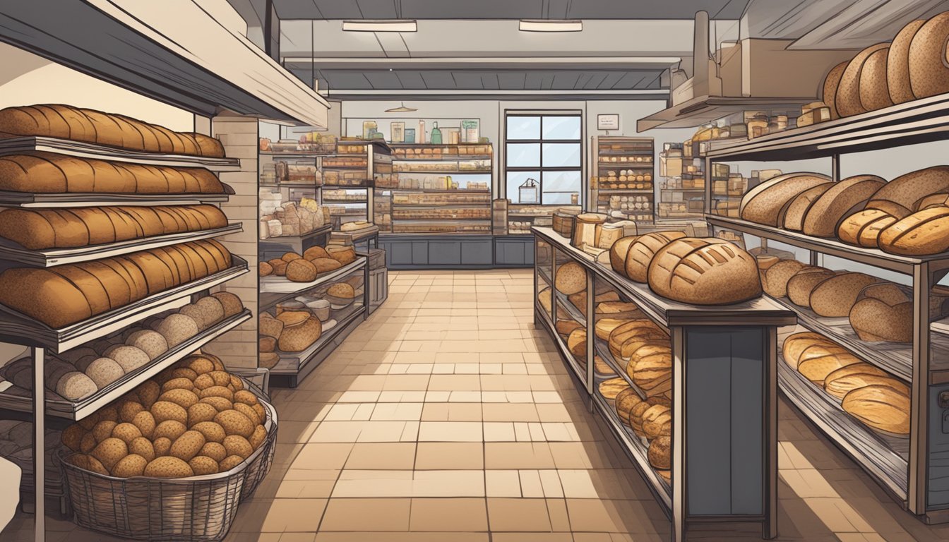 A bustling grocery store with shelves adorned with various artisan bread loaves, a sign proudly displaying "Levain Bakery" above the section