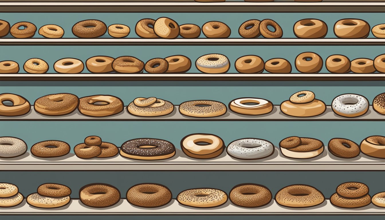 A shelf stocked with various types of bagels, with Thomas' Plain Bagels prominently displayed in the center, surrounded by other brands