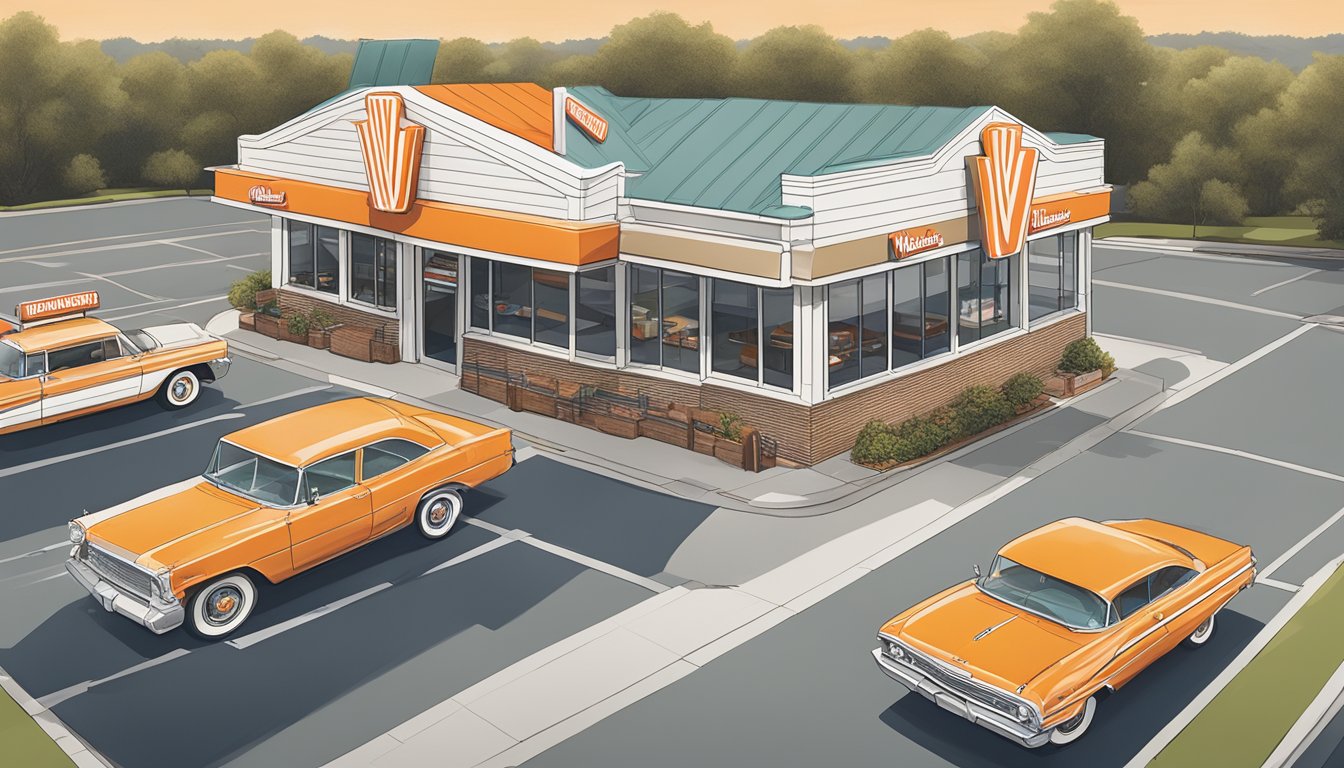 A bustling Whataburger restaurant in South Carolina, with a retro-inspired exterior and a drive-thru line of cars waiting to order