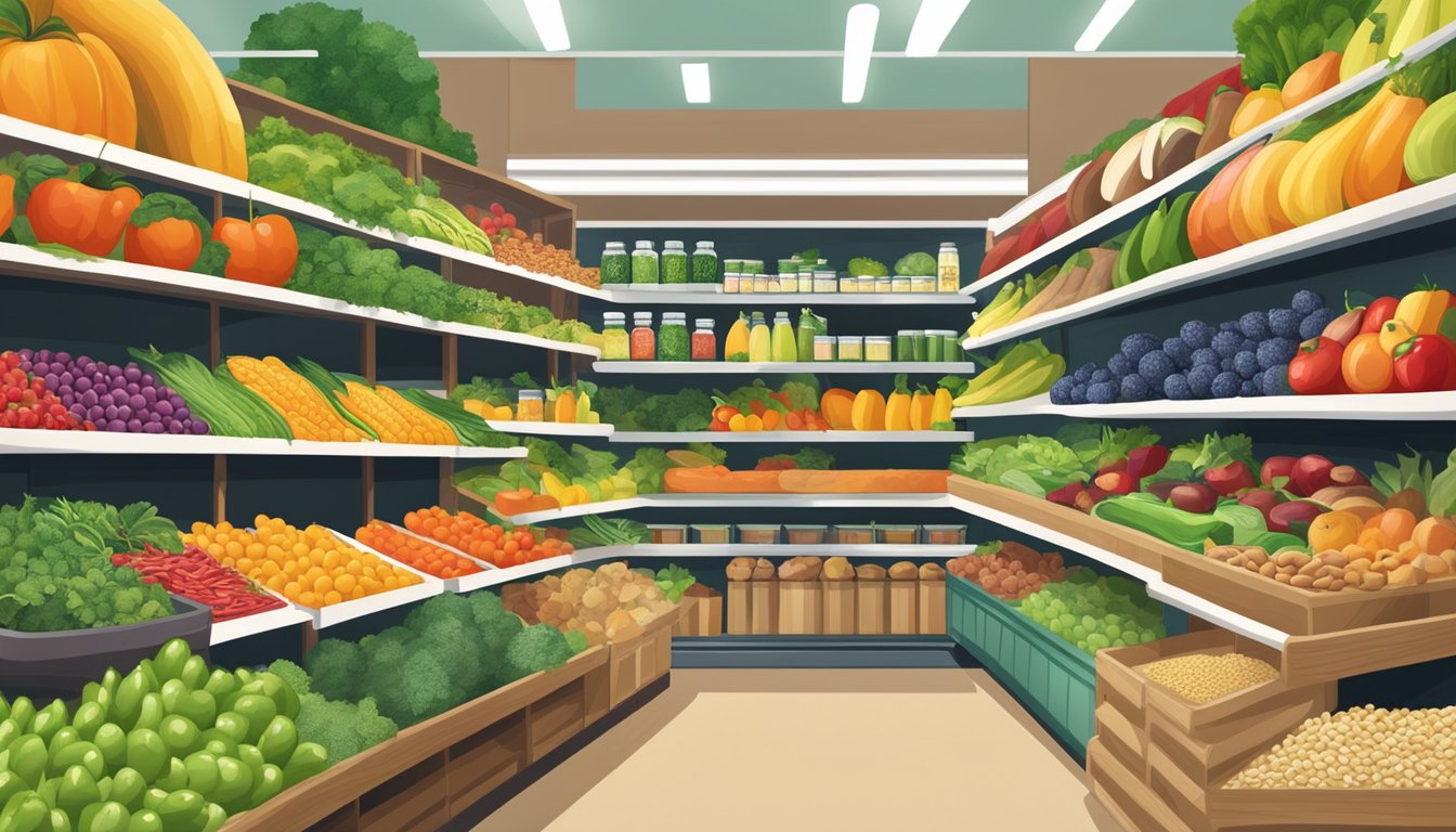 A colorful array of fresh fruits, vegetables, nuts, seeds, and plant-based proteins displayed on shelves and in baskets at a natural foods grocery store