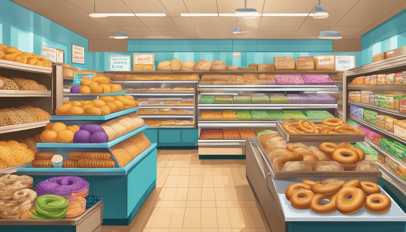 A bustling grocery store aisle filled with shelves of New York Bakery Everything Bagels, surrounded by colorful packaging and signage