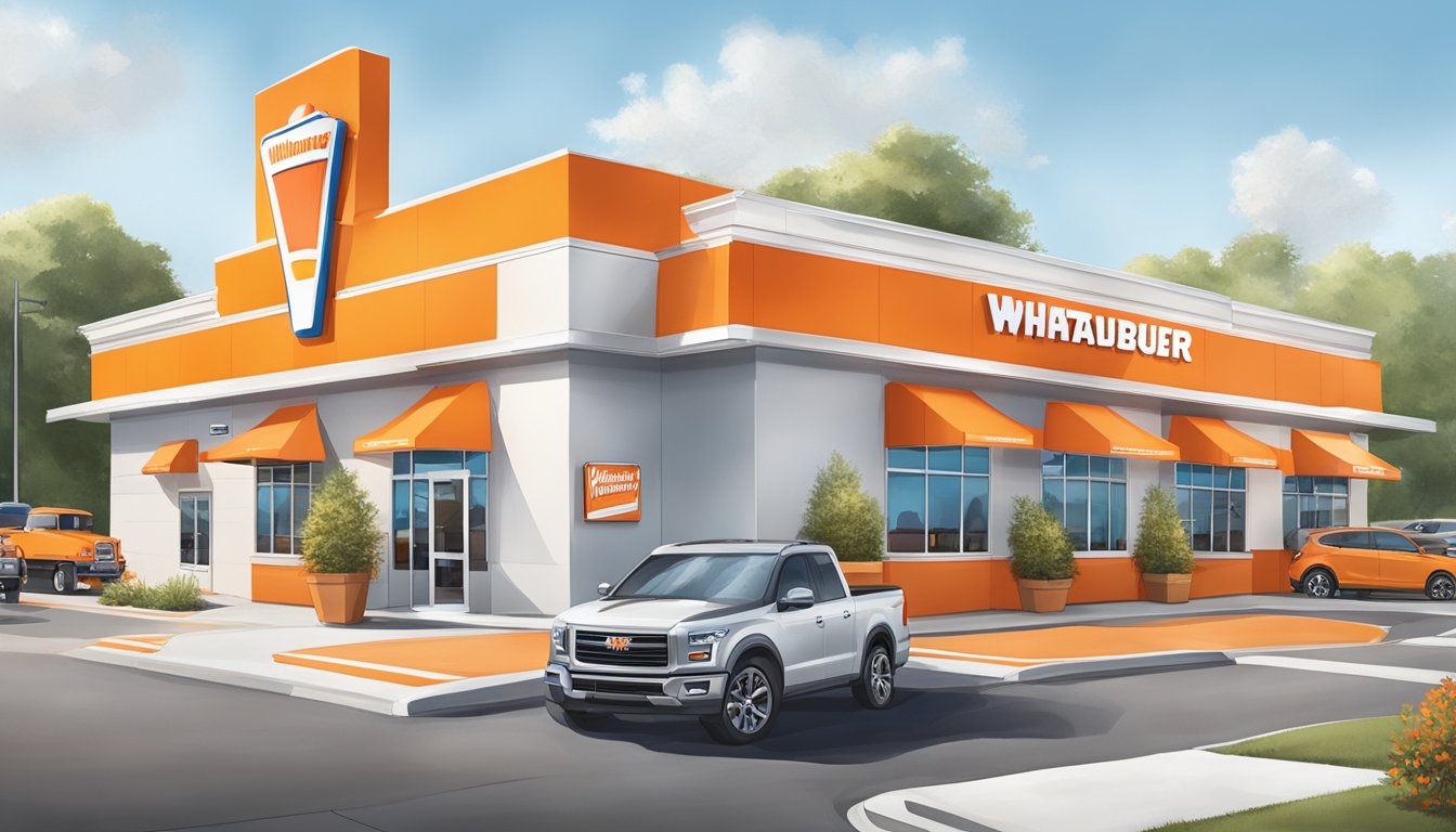 A bustling Whataburger restaurant in South Carolina, with a bright orange and white exterior, a drive-thru, and a busy parking lot