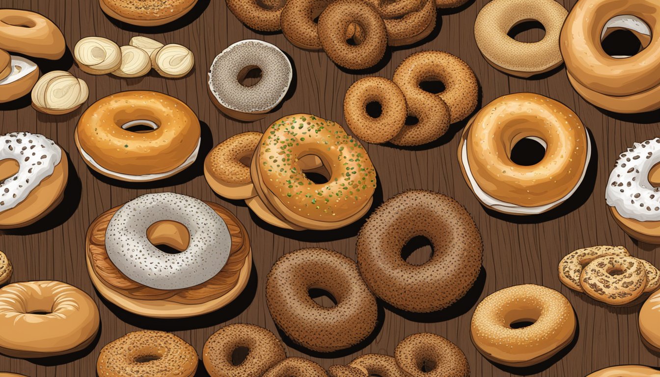 A display of assorted bagels on a wooden table, with a stack of Lender's Onion Bagels in the center, surrounded by other varieties