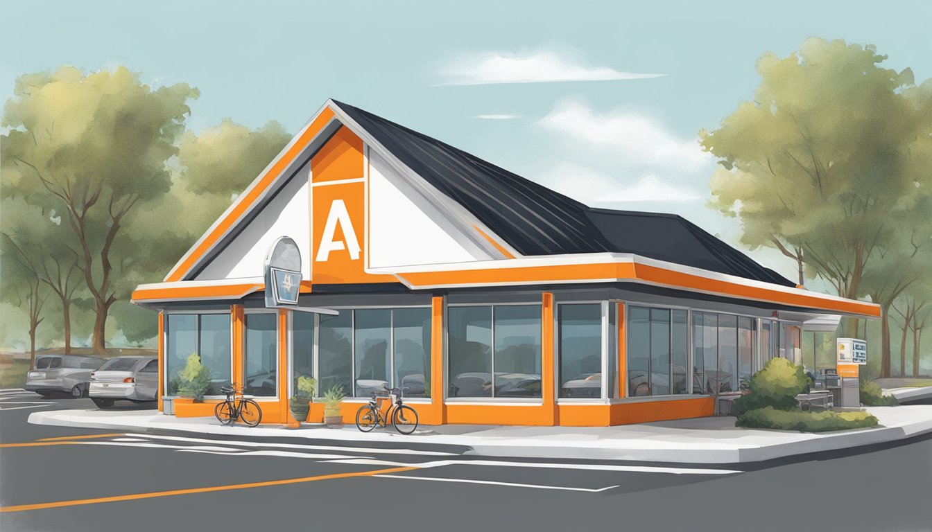 The iconic orange and white striped A-frame building stands proudly, with a large, bold "W" logo displayed prominently. A drive-thru lane wraps around the side, and the parking lot is bustling with activity