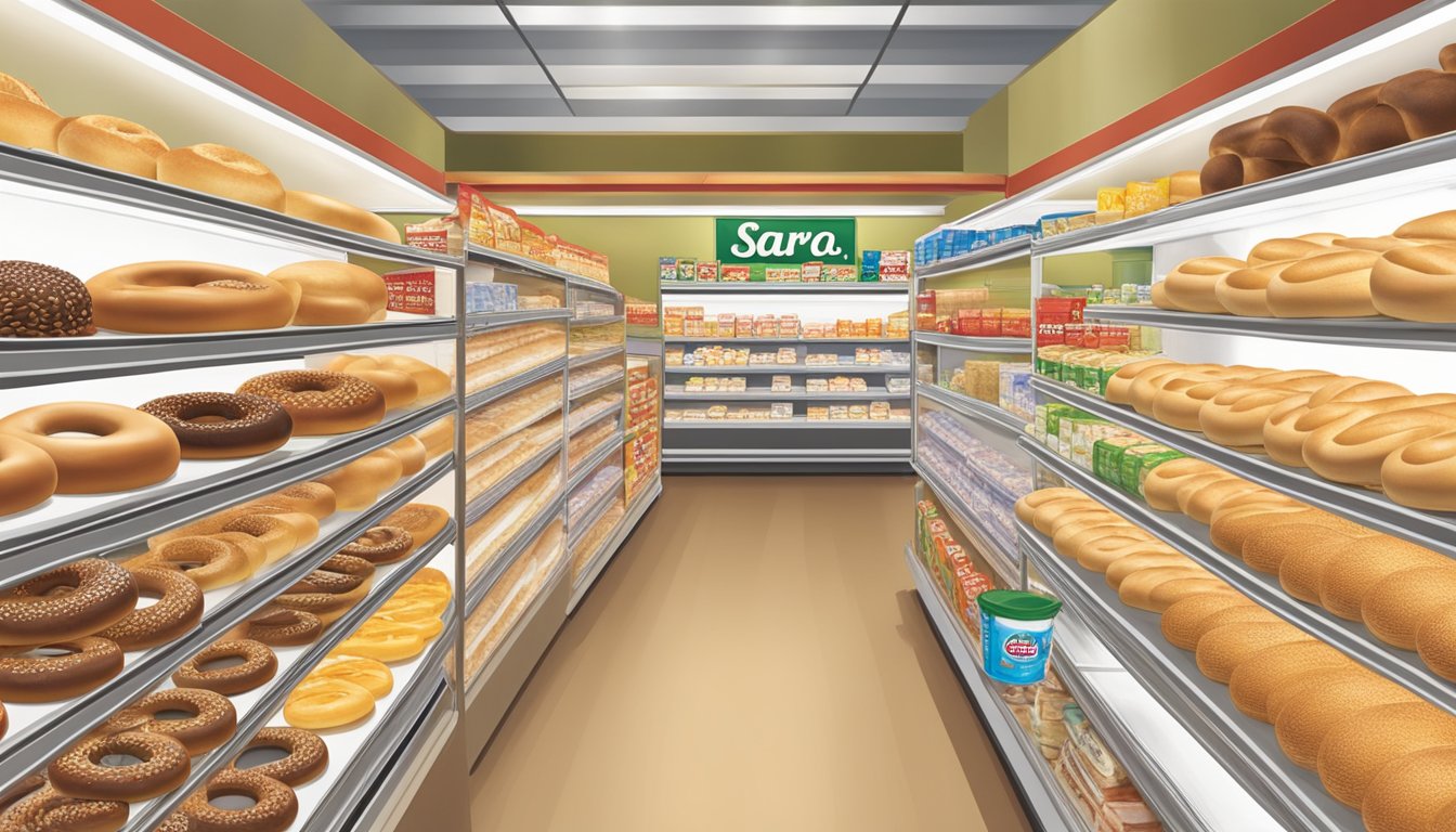 A display of Sara Lee Plain Bagels in a grocery store aisle, surrounded by other bread products