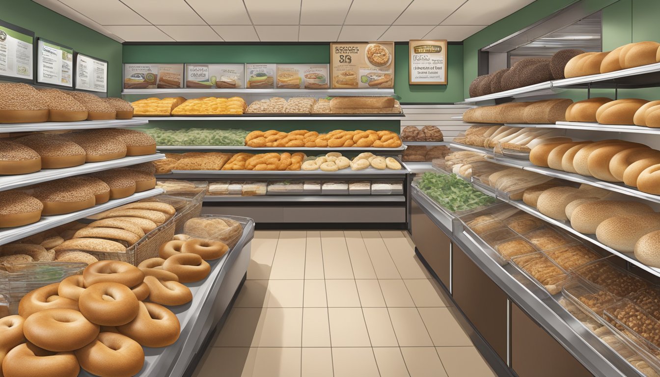 A display of 365 by Whole Foods Market Plain Bagels surrounded by various types of bagels and bread in a grocery store setting