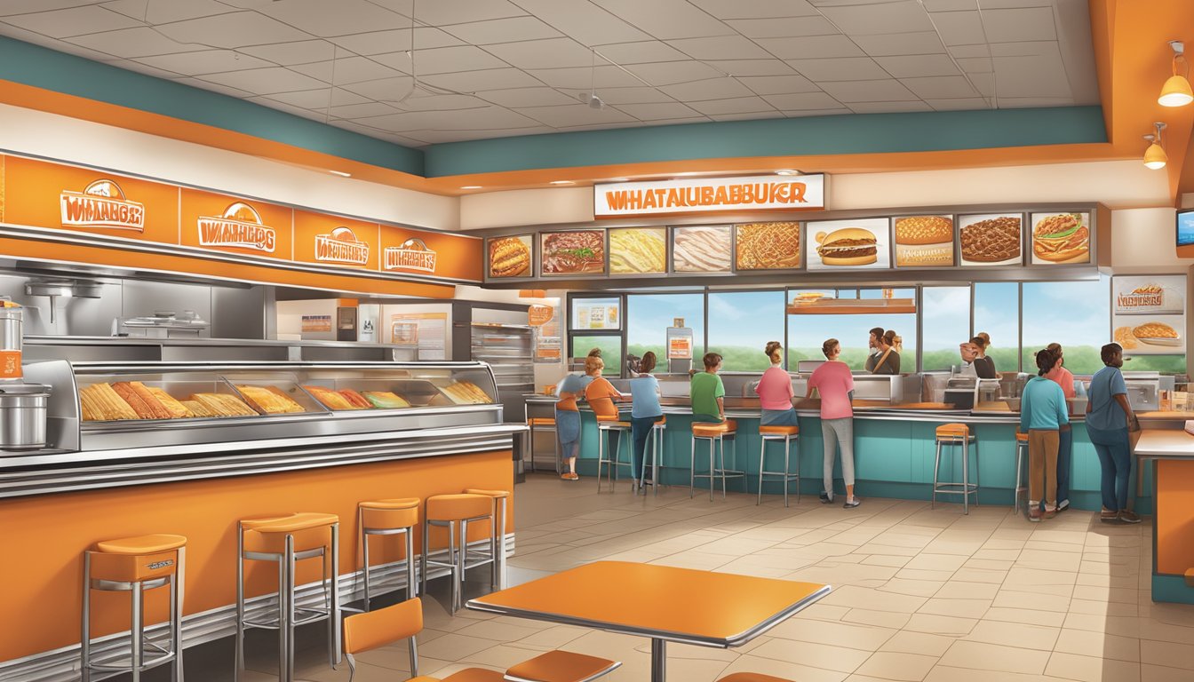 A bustling Whataburger restaurant in South Carolina, with a colorful menu board and a display of their signature specialties