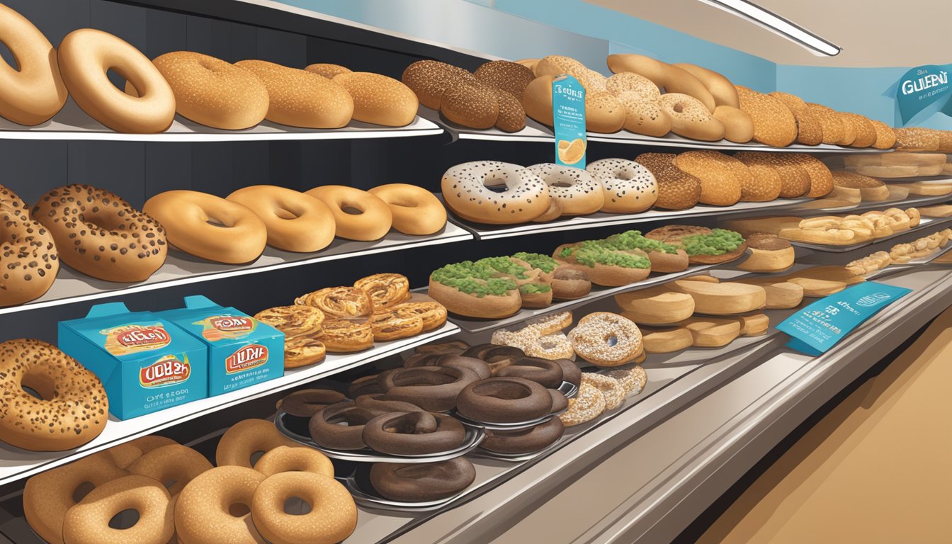 A colorful display of Udi's Gluten Free Plain Bagels on a grocery store shelf, surrounded by other bagel varieties and baked goods