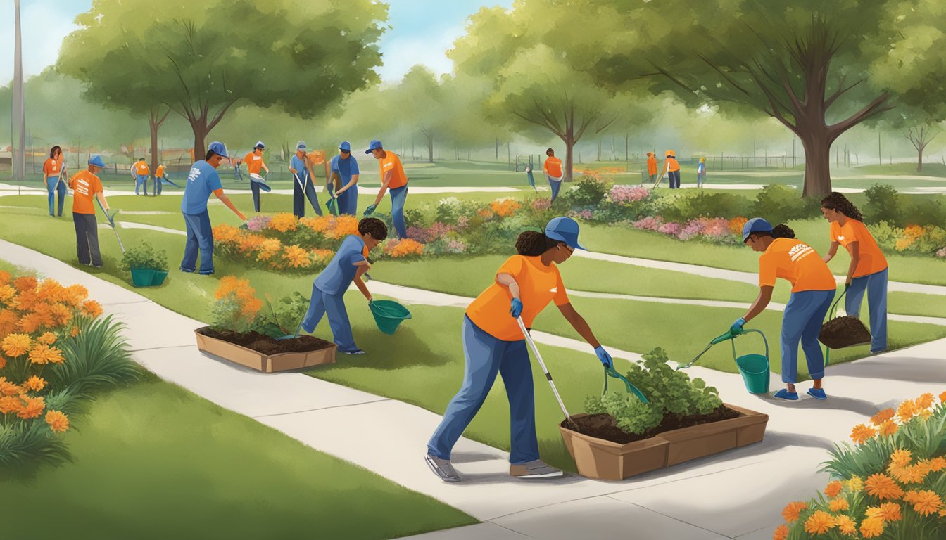 A group of volunteers clean up a local park, while others plant trees and flowers nearby. The Whataburger logo is visible on banners and t-shirts