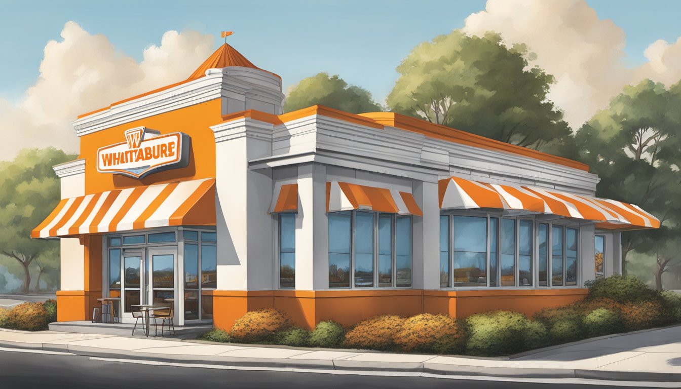 A bustling Whataburger restaurant in Atlanta, Georgia, with the iconic orange and white striped building and the signature "Flying W" logo prominently displayed