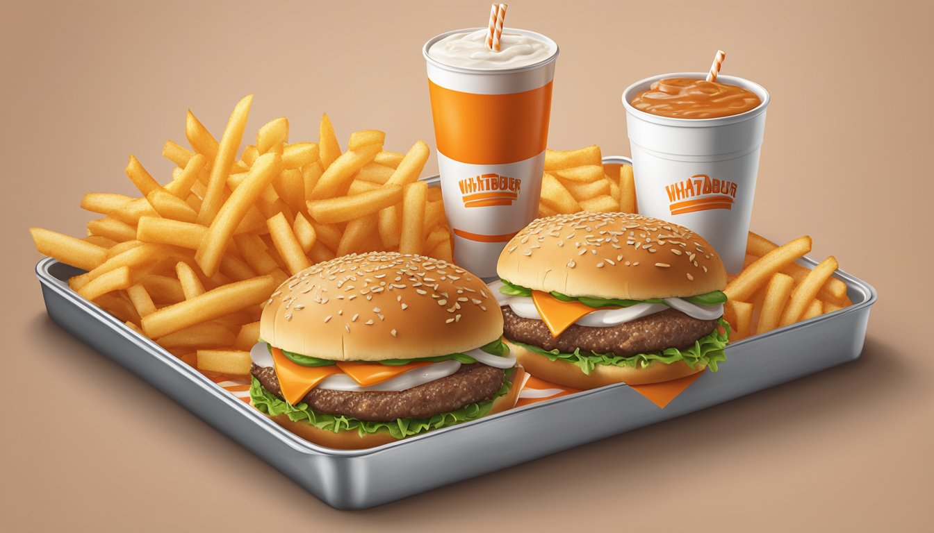 A classic Whataburger meal on a tray with a drink and fries