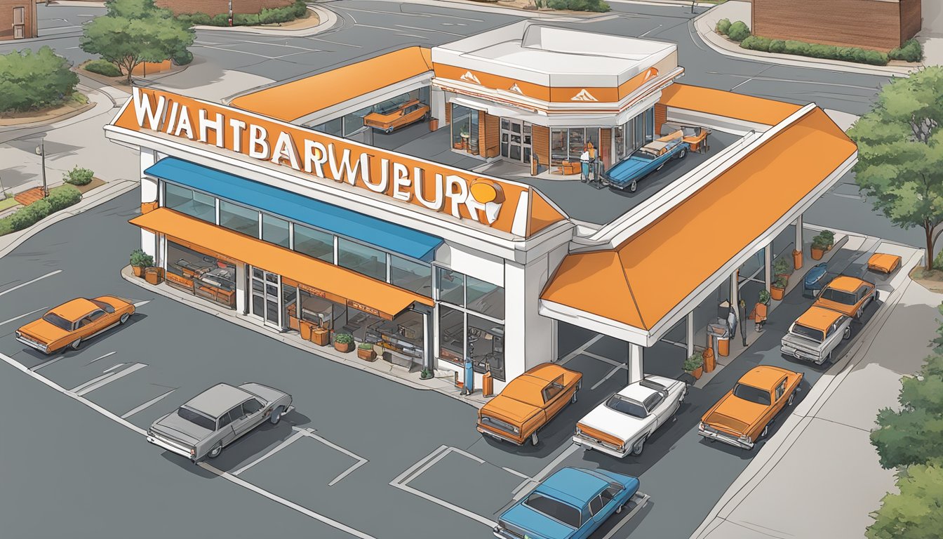 A bustling Whataburger in Atlanta, with a drive-thru and outdoor seating, surrounded by a busy street and accessible parking lot