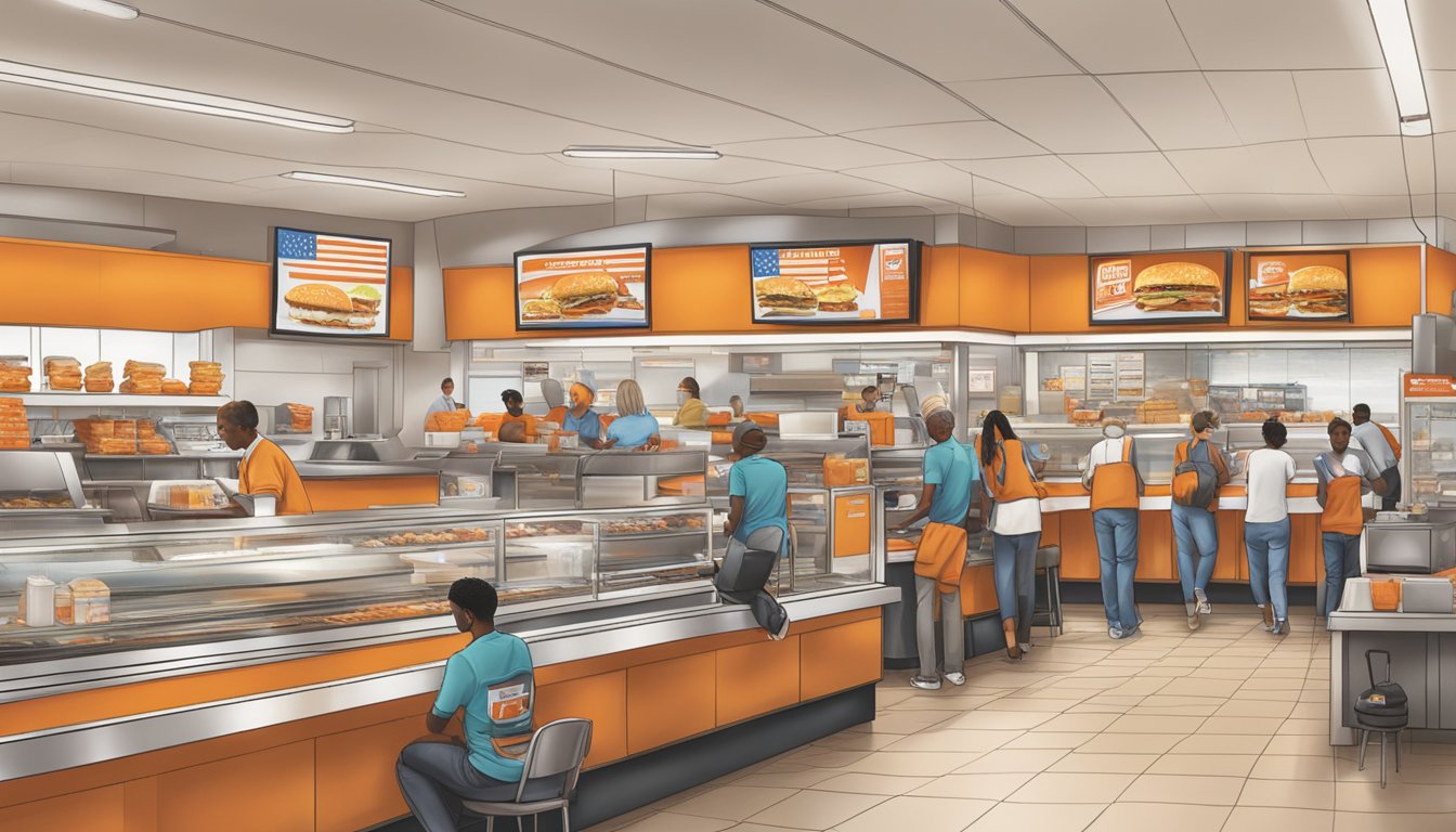 The Whataburger location in Atlanta is bustling with activity during its operating hours, with customers coming and going, and staff working behind the counter