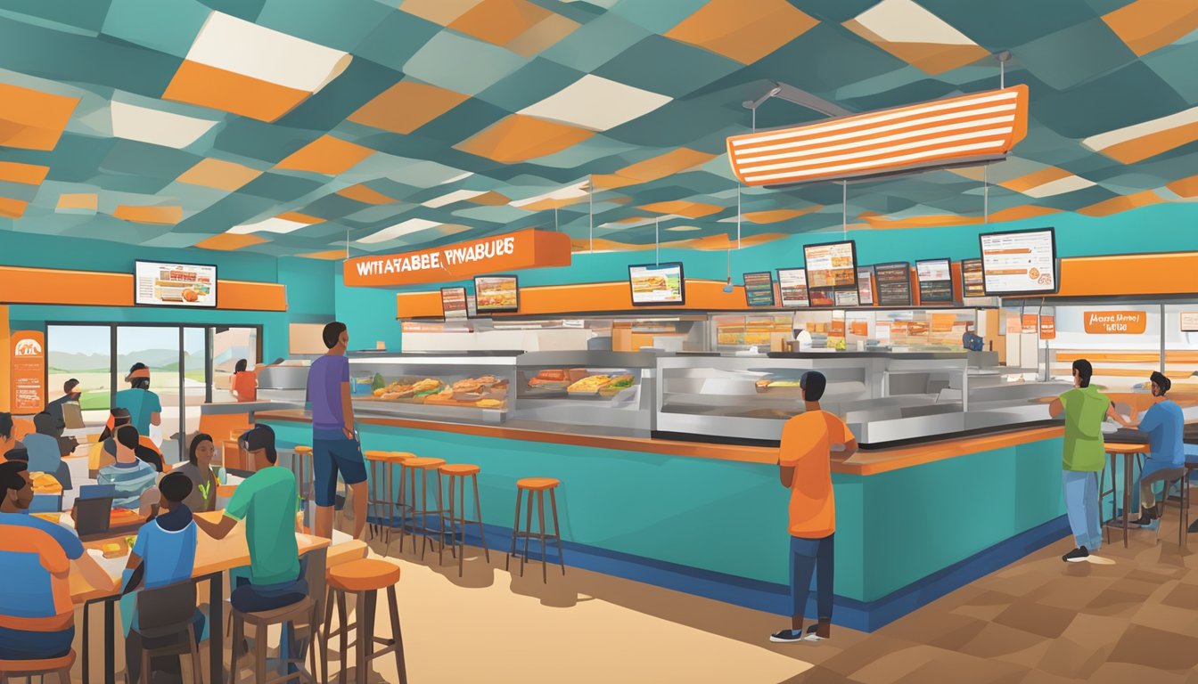 A bustling Whataburger restaurant in Huntsville, with a diverse menu displayed on the overhead board. Customers line up at the counter to place their orders, while others enjoy their meals at the brightly colored booths