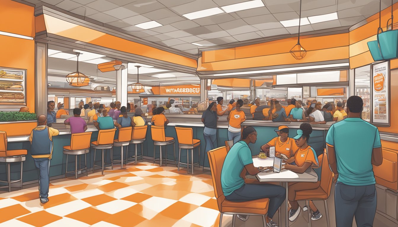 A bustling Whataburger restaurant in Atlanta, with a vibrant atmosphere and a line of customers waiting to order